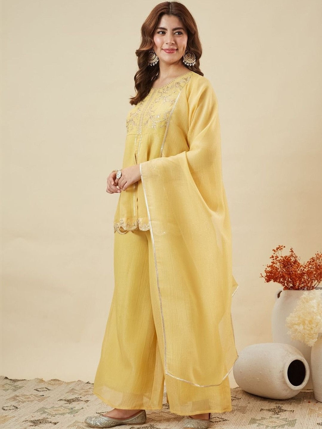 Embroidered Art Silk Round Neck Kurta & Palazzos With Dupatta