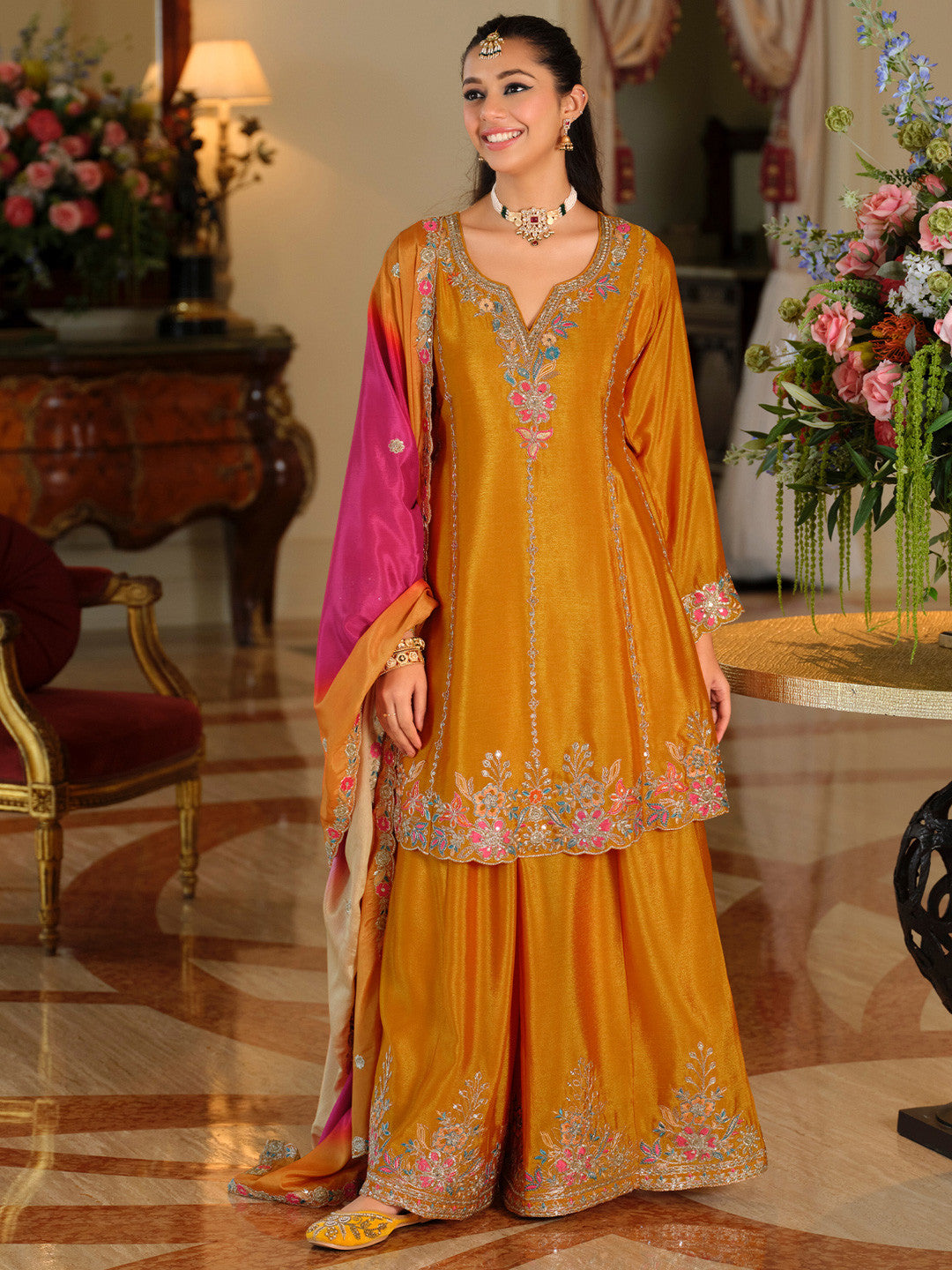 Women Ethnic Motifs Embroidered Regular Thread Work Kurta with Sharara & With Dupatta