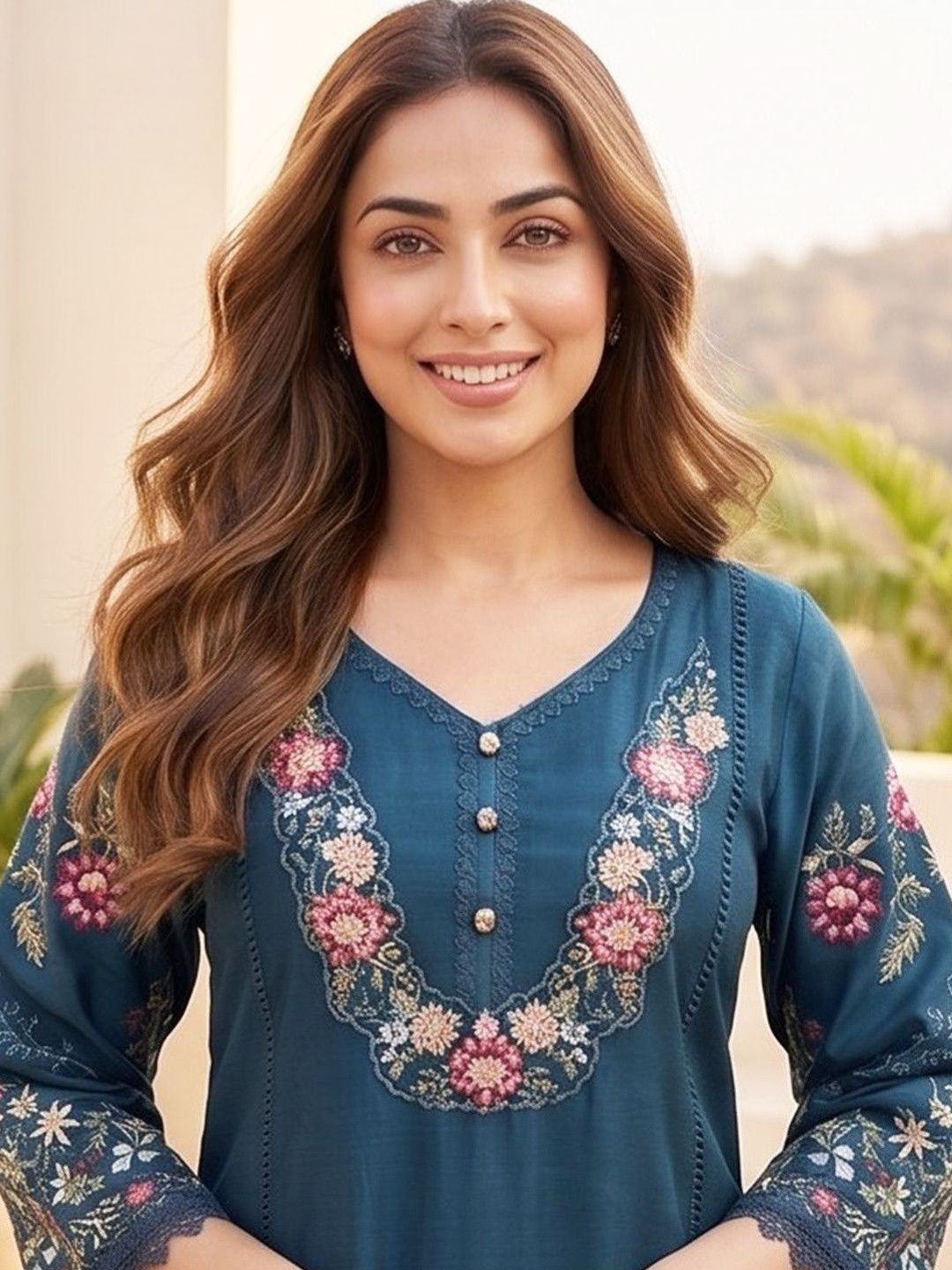 Teal Women Floral Embroidered Regular Thread Work Pure Cotton Kurta with Trousers & With Dupatta