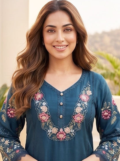 Teal Women Floral Embroidered Regular Thread Work Pure Cotton Kurta with Trousers & With Dupatta