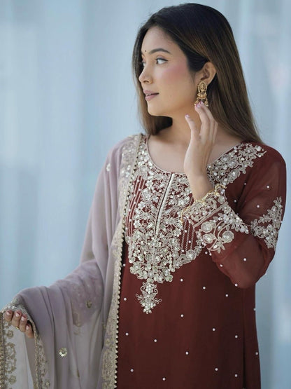 Dhiyona KL Women Ethnic Motifs Embroidered Regular Sequinned Kurta with Sharara & With Dupatta