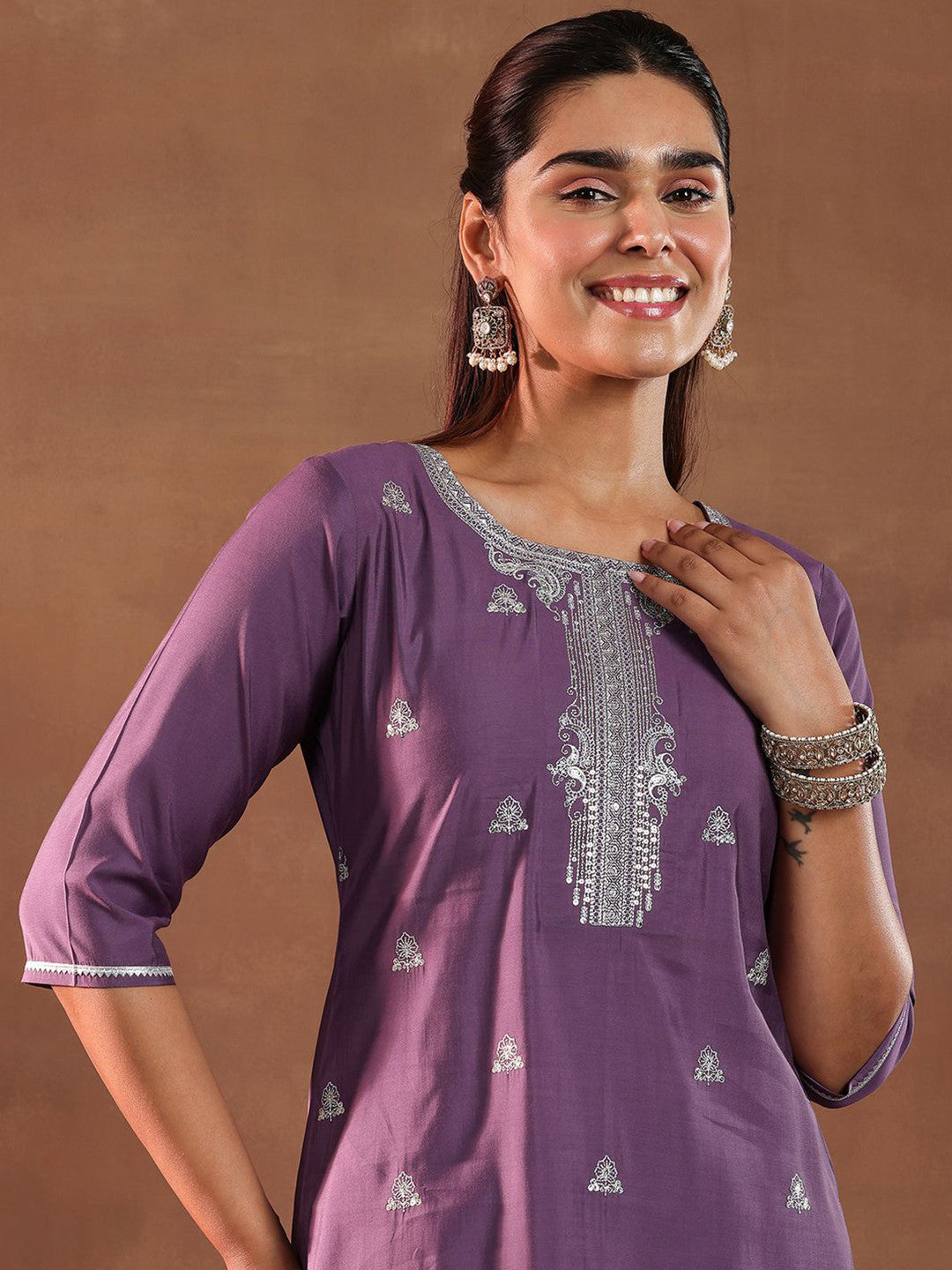 Floral Embroidered Straight Gotta Patti Kurta With Trousers & Dupatta