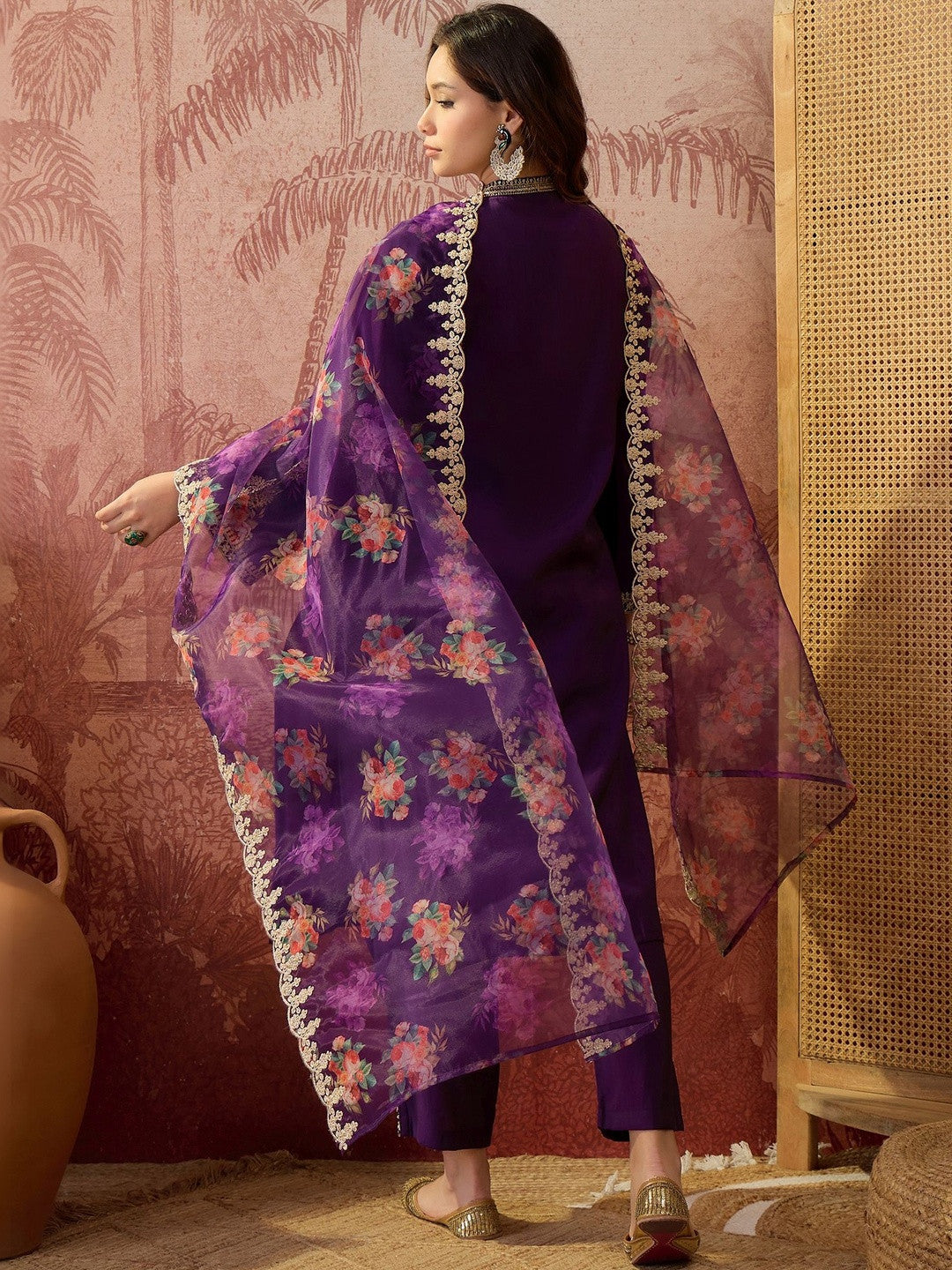 Woven Design Mandarin Collar Kurta & Trousers Kurta Sets