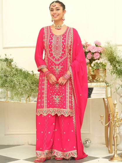 Dhiyona IE Women Ethnic Motifs Embroidered Regular Thread Work Kurta with Palazzos & With Dupatta