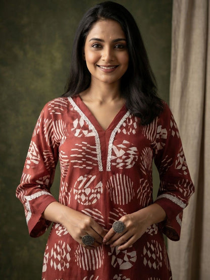 Printed V-Neck Kurta & Trousers