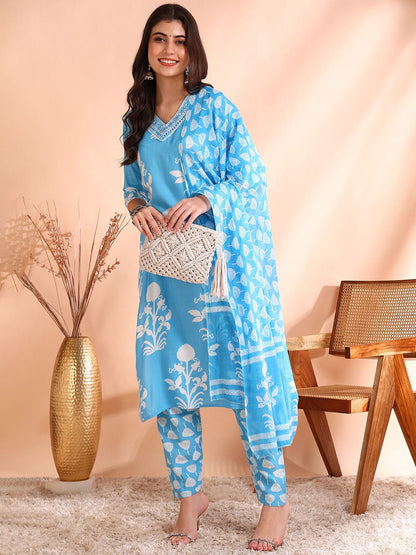 Dhiyona OD  Printed Thread Work Pure Cotton Kurta With Trousers & Dupatta