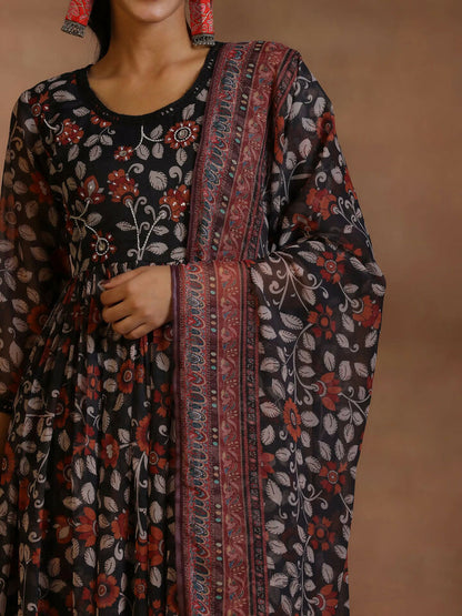 Women's LB Black Printed Poly Chiffon A-Line Kurta With Palazzos & Dupatta