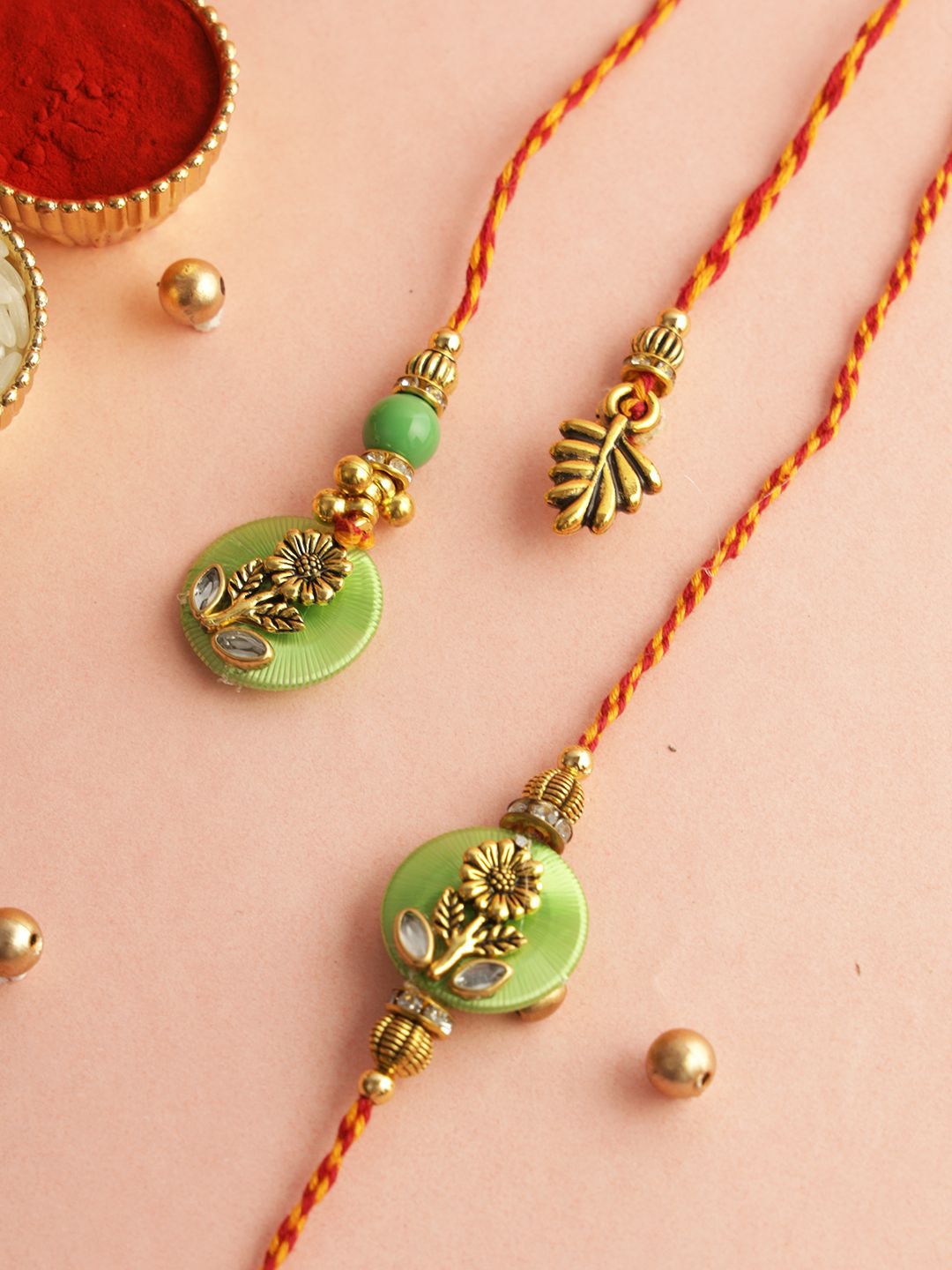 Dhiyona Floral Bhaiya Bhabhi Thread Rakhi With Roli Chawal & Greetings Card