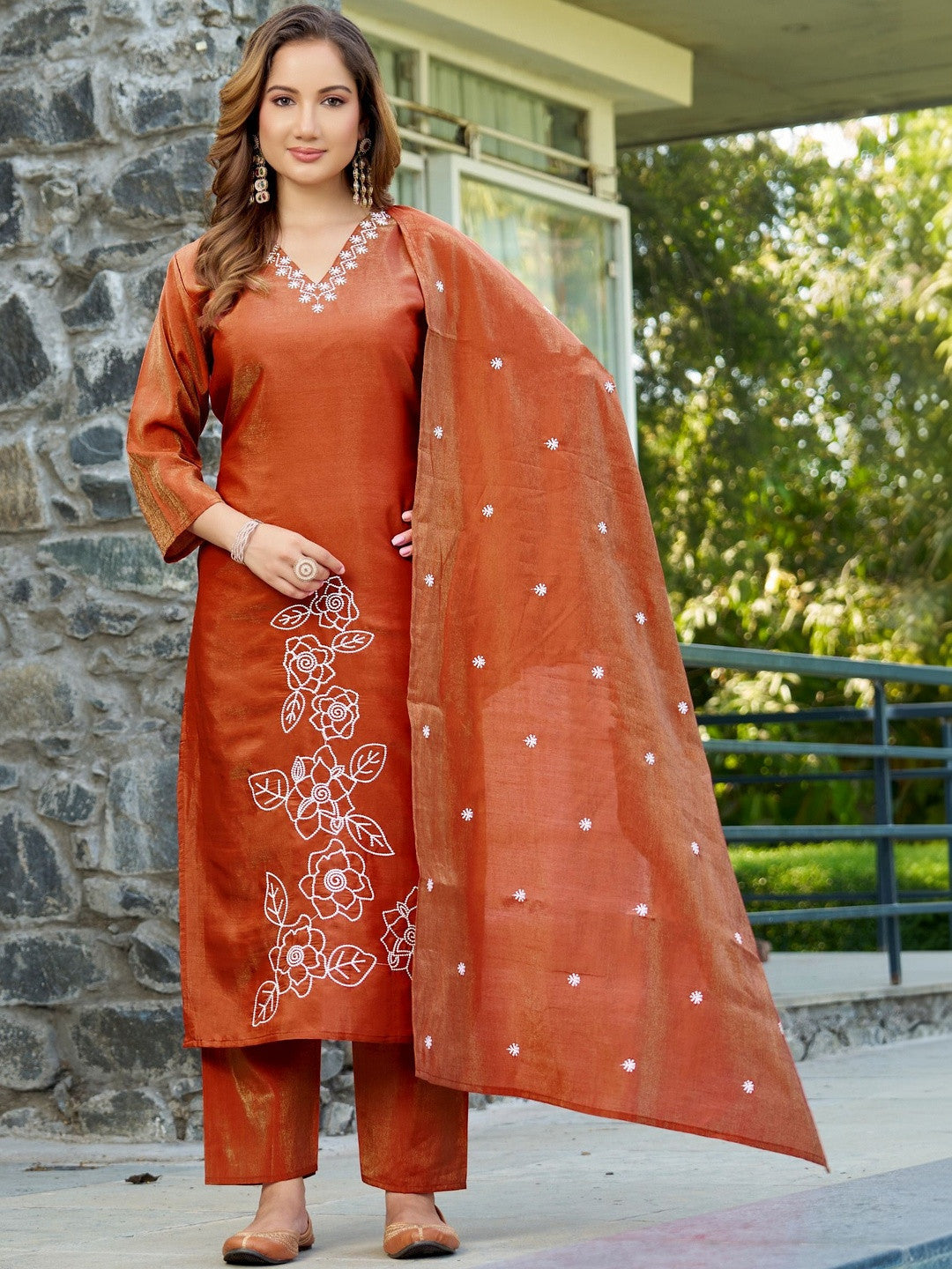 Dhiyona SN Embroidered Silk Georgette V-Neck Kurta & Trousers With Dupatta
