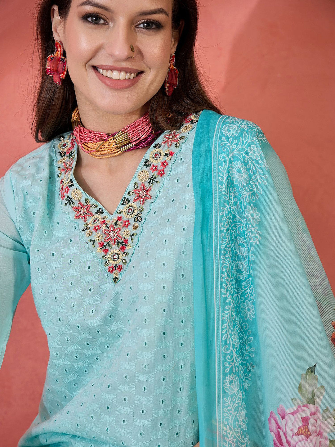Floral Embroidered Schiffli Pure Cotton Straight Kurta With Trouser And Dupatta