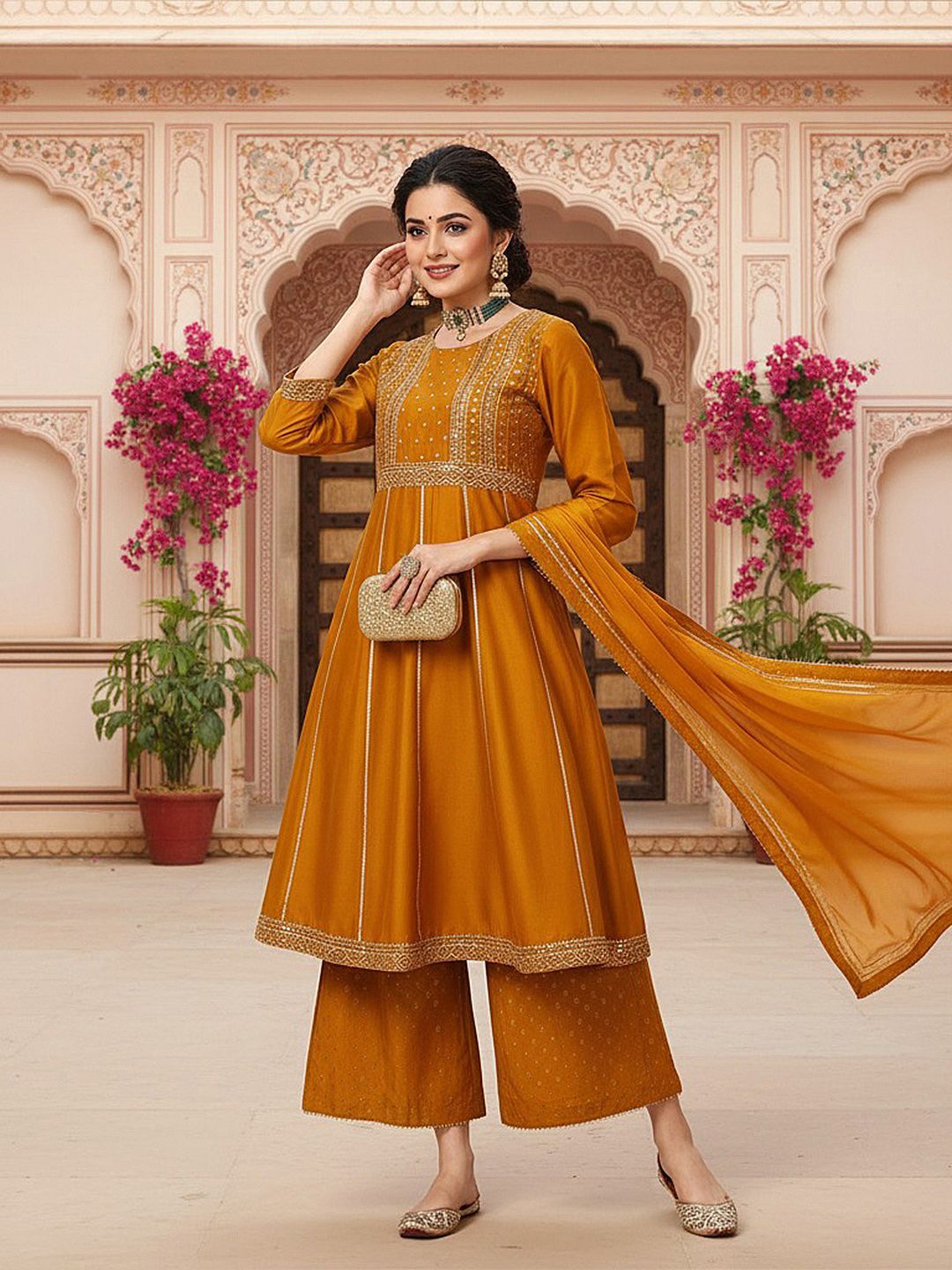 Dhiyona KL Floral Embroidered Empire Mirror Work Anarkali Kurta With Palazzos & Dupatta