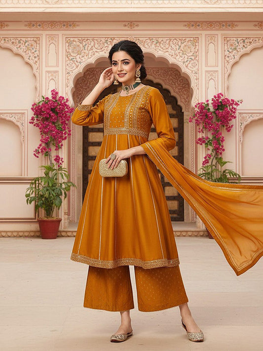 Dhiyona KL Floral Embroidered Empire Mirror Work Anarkali Kurta With Palazzos & Dupatta