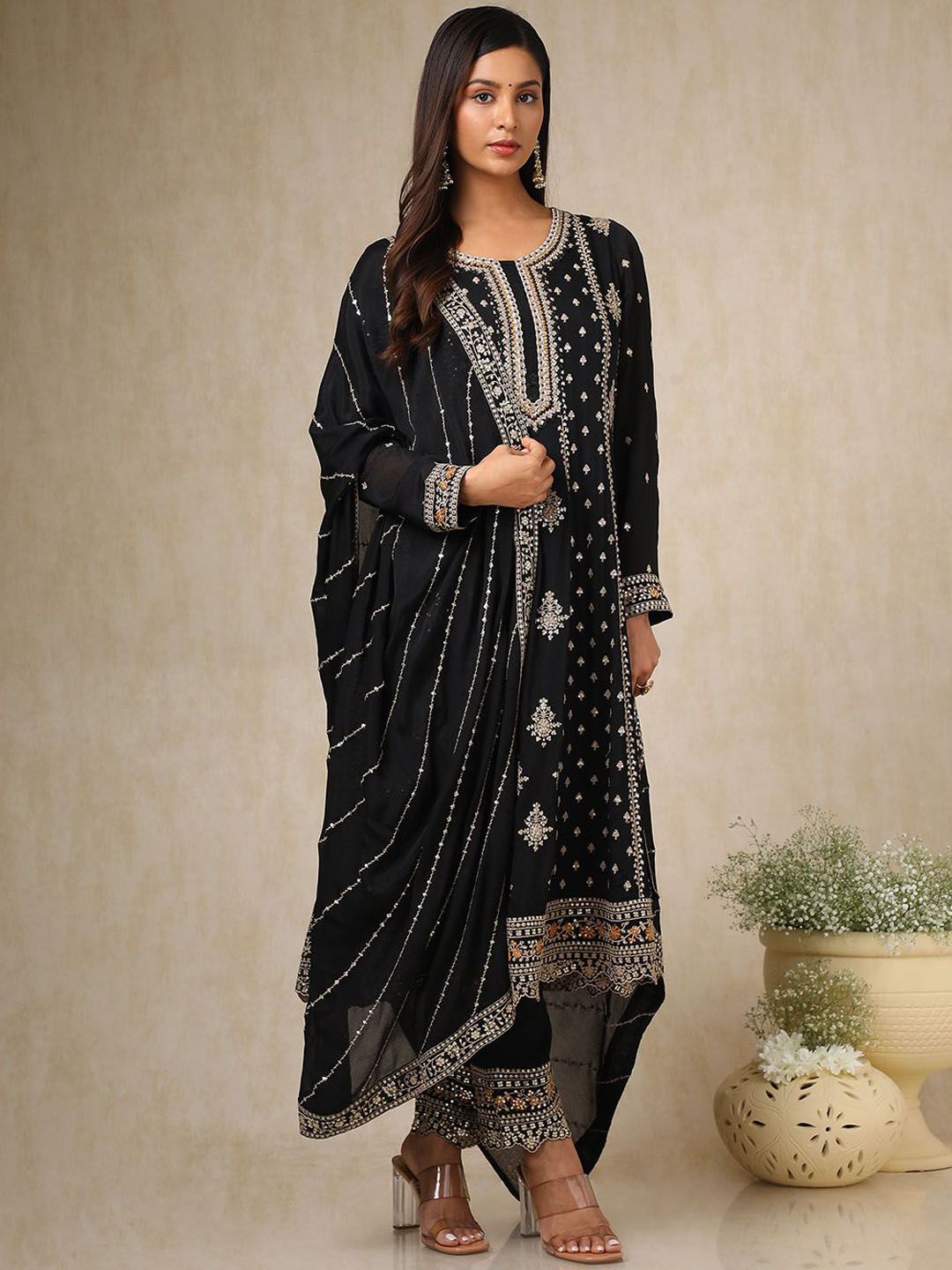 Dhiyona SO Women's Women Ethnic Motifs Embroidered Angrakha Sequinned Kurta with Trousers & With Dupatta