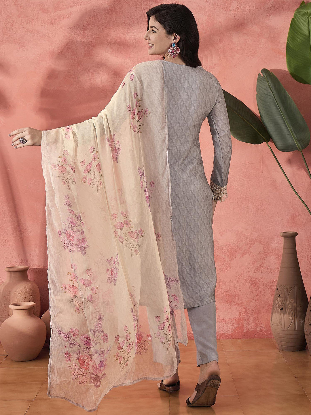 Grey Floral Printed V-Neck Kurta With Trousers And Dupatta