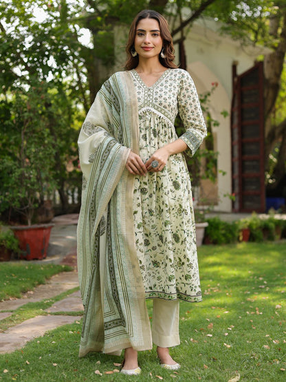 Dhiyona RR Women's Floral Printed Cotton Anarkali Kurta with Trousers & Dupatta