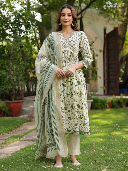 Dhiyona RR Women's Floral Printed Cotton Anarkali Kurta with Trousers & Dupatta