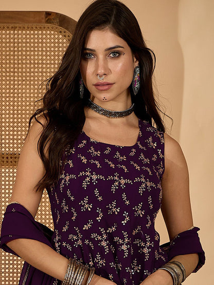 Dhiyona SN Floral Embroidered Square Neck Sequinned Kurta & Palazzo With Dupatta