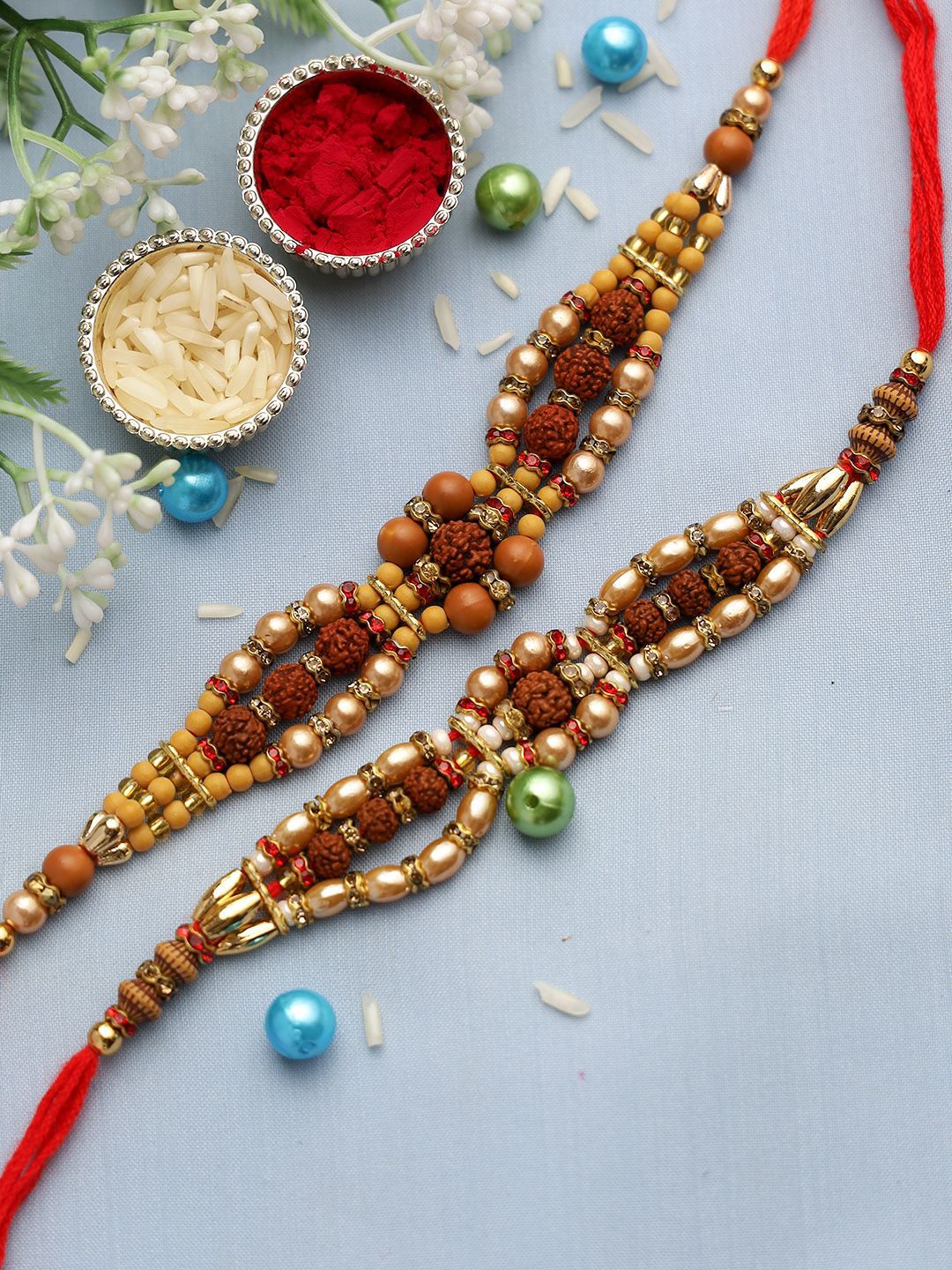 Dhiyona Set Of 2 Brown Rudaraksh Beaded Rakhis Comes With Roli Rice & Greeting Card