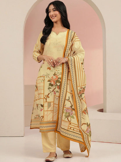 Beige Floral Print Muslin Straight Suit Set