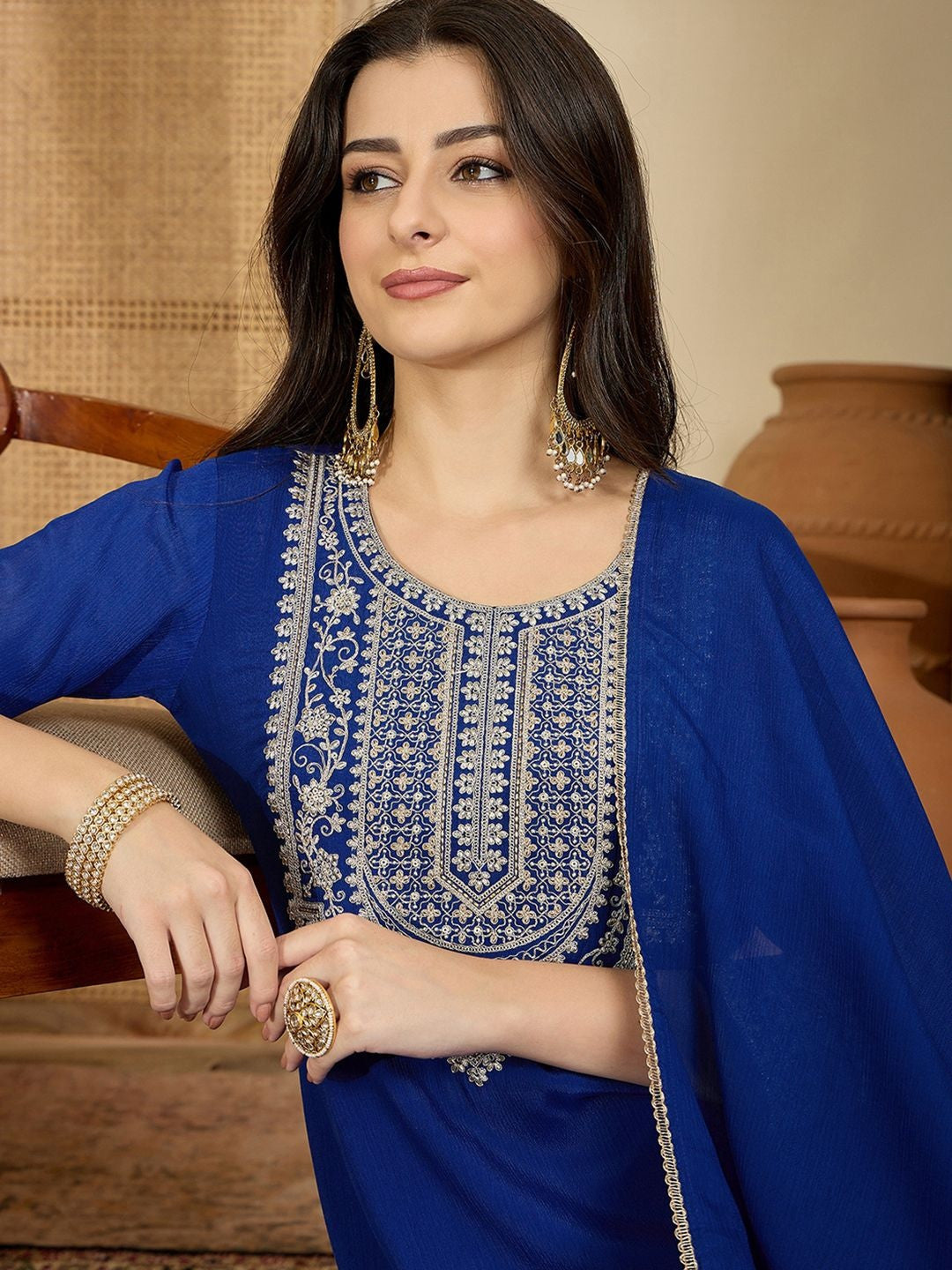 Dhiyona SN Women Embroidered Round Neck Kurta & Trousers With Dupatta