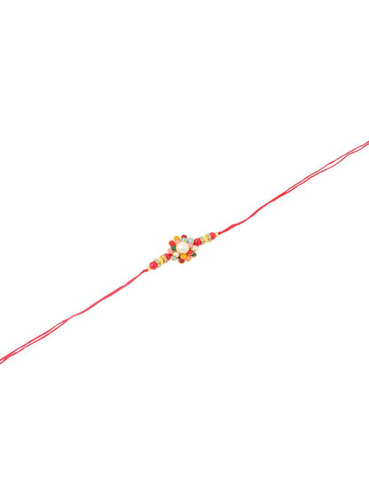 Dhiyona Artificial Stones Studded & Beaded Thread Rakhi With Roli Chawal & Chandan Mishri