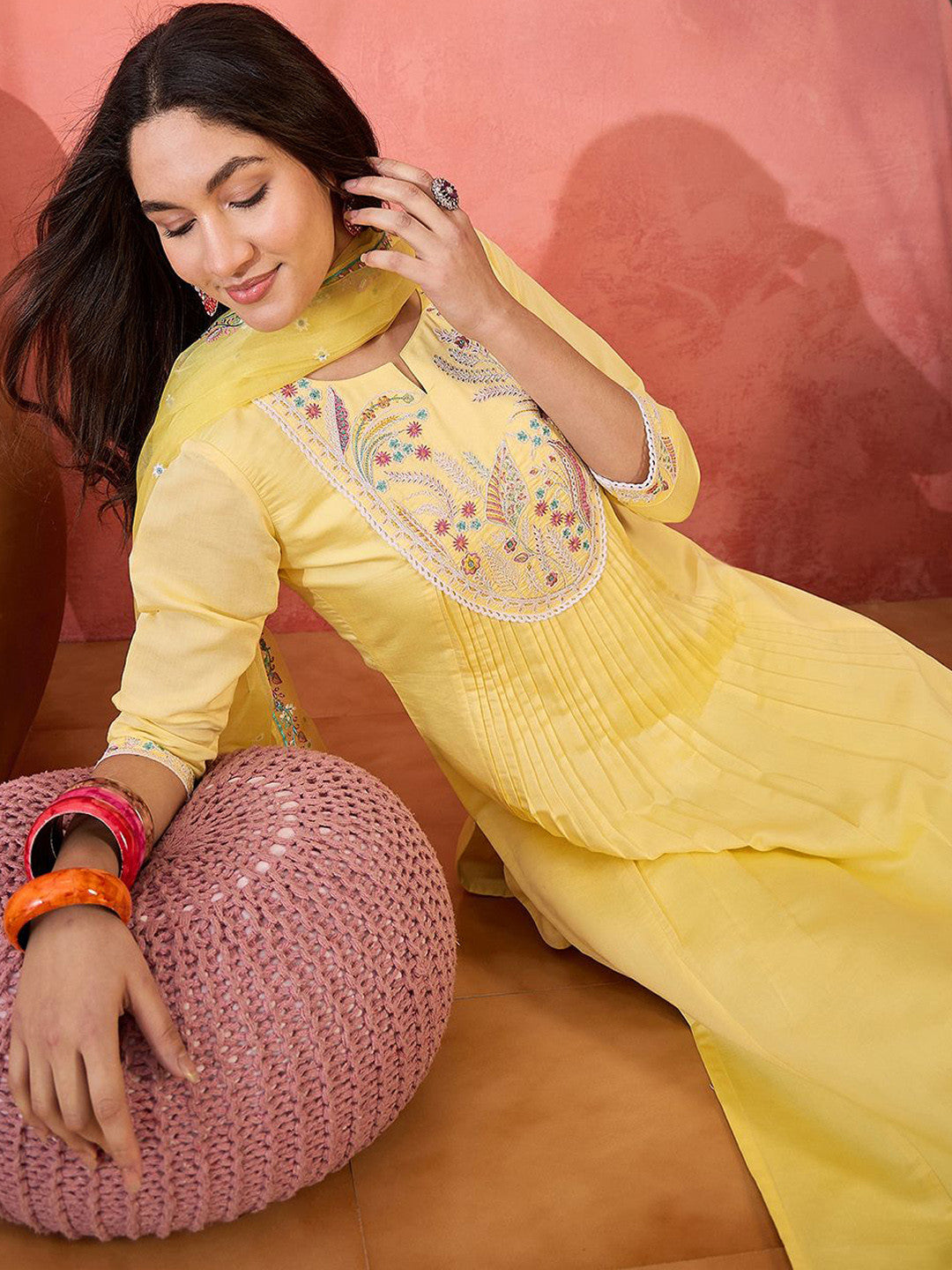 Dhiyona SN Zari Sequence Embroidered Straight Kurta & Trousers With Dupatta