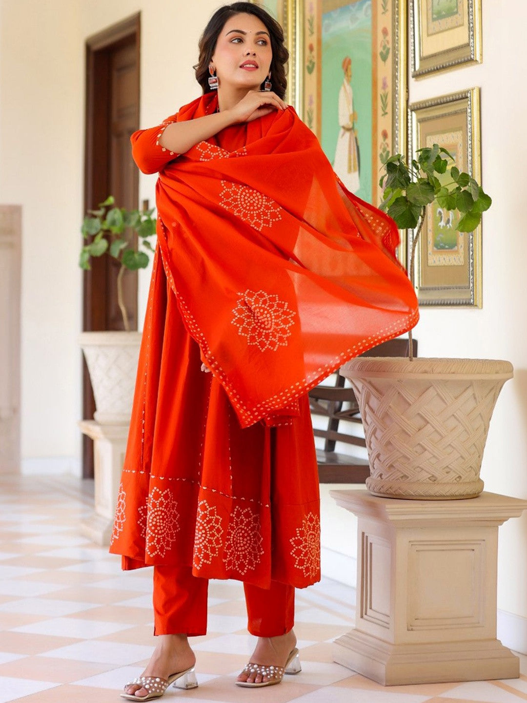 Women Ethnic Motifs Printed Tiered Mirror Work Pure Cotton Kurta with Trousers & With Dupatta