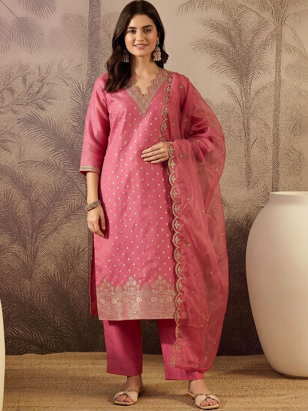 Dhiyona SN Printed V-Neck Kurta & Trousers With Dupatta