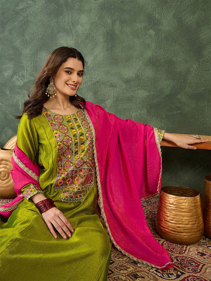 Dhiyona KL Women Ethnic Motifs Embroidered Regular Thread Work Kurta with Palazzos & With Dupatta