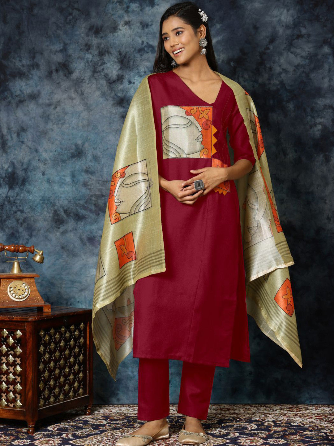 Women Straight Cotton Blend Digital Print Kurta Pant With Assam Silk Dupatta