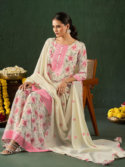 Dhiyona KL Women Floral Embroidered Thread Work Kurta with Sharara & Dupatta