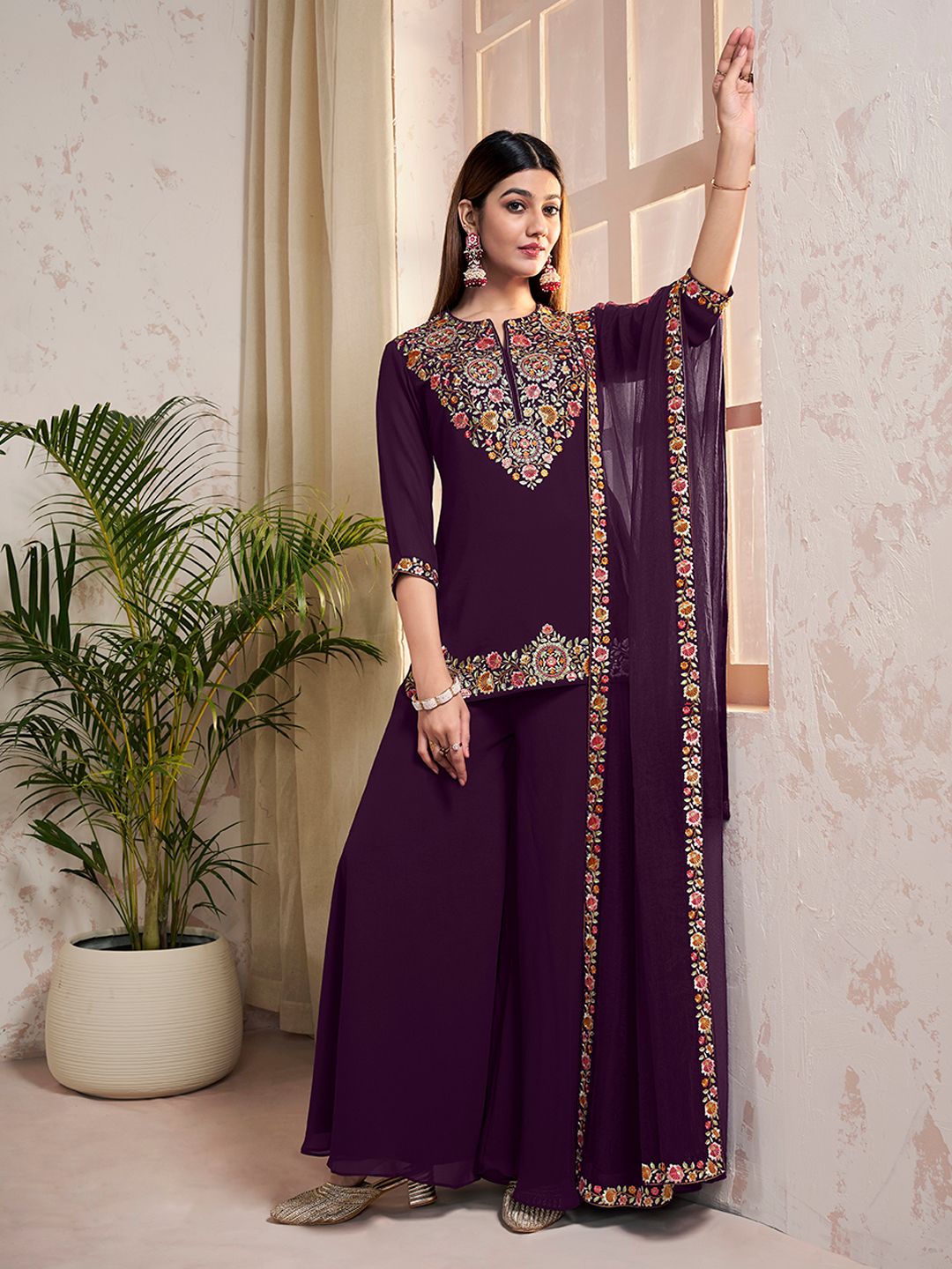 Dhiyona IN Ethnic Motifs Embroidered Thread Work Georgette Kurta With Sharara And Dupatta