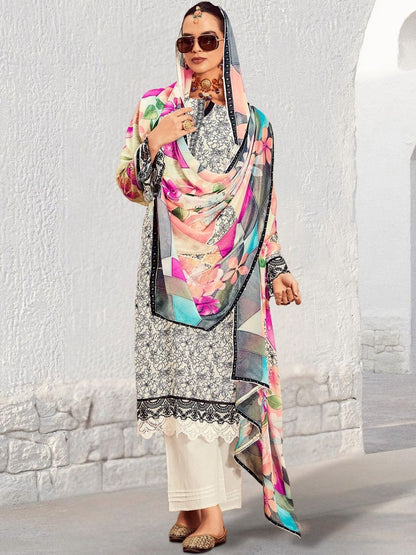 Women Floral Printed Regular Thread Work Kurta with Trousers & With Dupatta