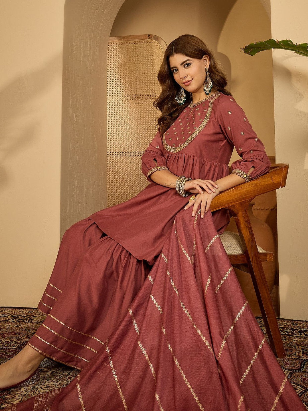Women Maroon Embroidered Kurta Sets With Dupatta