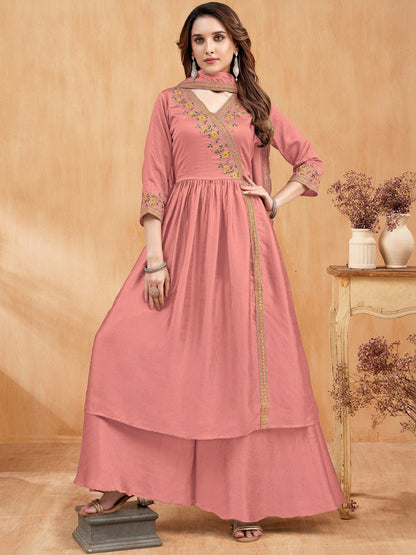 Embroidered V-Neck Kurta Trousers & Dupatta
