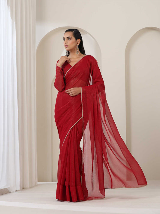 Dhiyona ST Red Kota Saree with Lace and Blouse Fabric