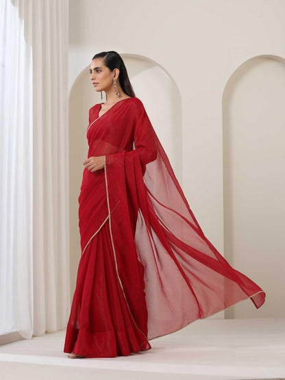 Dhiyona ST Red Kota Saree with Lace and Blouse Fabric