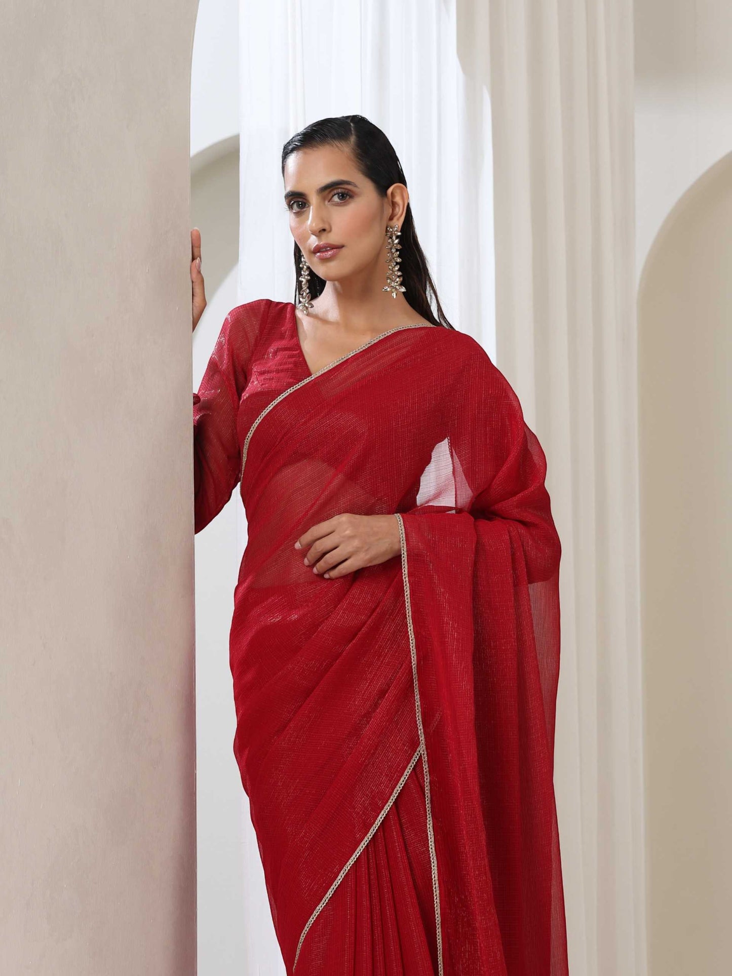 Dhiyona ST Red Kota Saree with Lace and Blouse Fabric