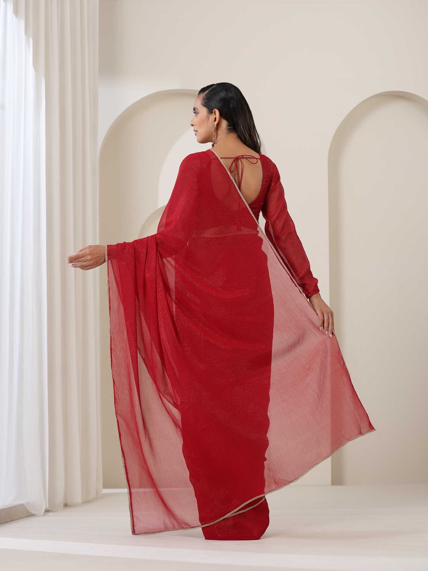 Dhiyona ST Red Kota Saree with Lace and Blouse Fabric