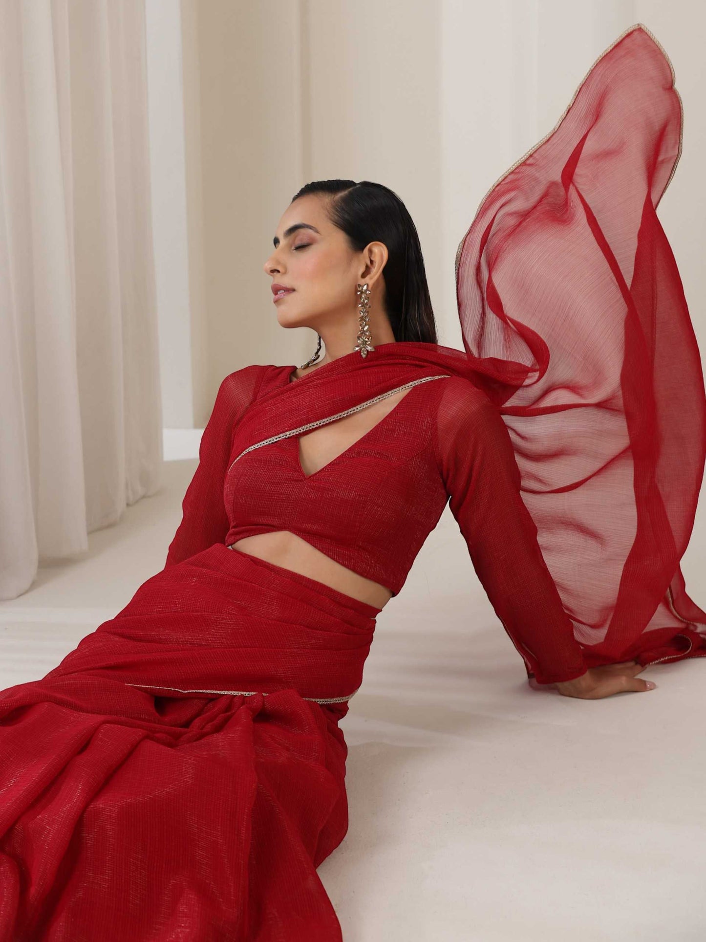 Dhiyona ST Red Kota Saree with Lace and Blouse Fabric