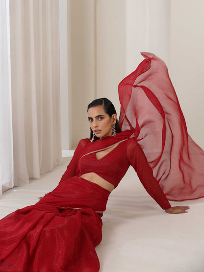 Dhiyona ST Red Kota Saree with Lace and Blouse Fabric
