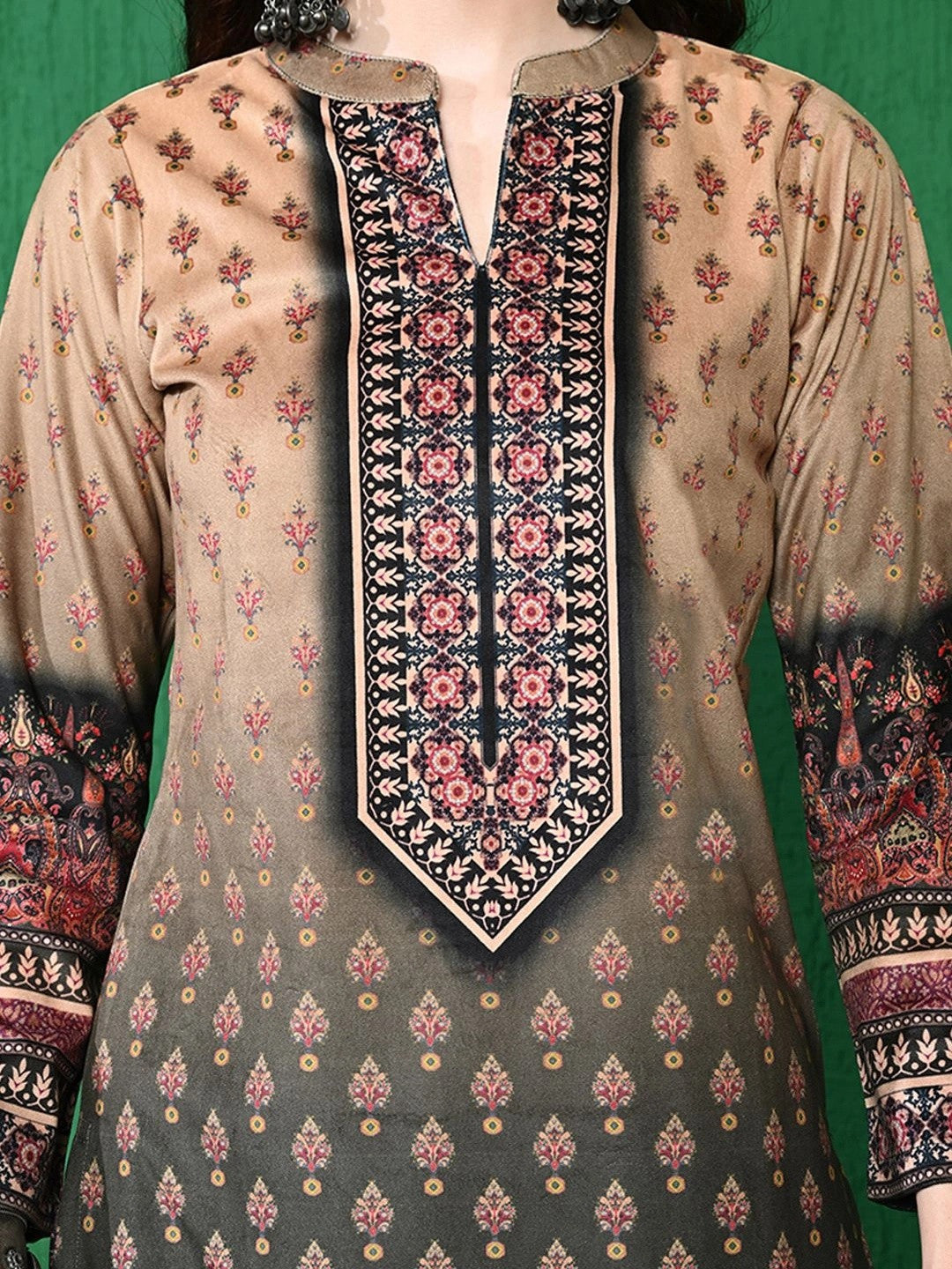 Black & Beige Floral Self Design Winter Velvet Kurta & Trouser With Dupatta