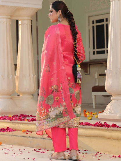 Dhiyona RR Women's Printed Regular Chanderi Cotton Kurta with Trousers & Dupatta