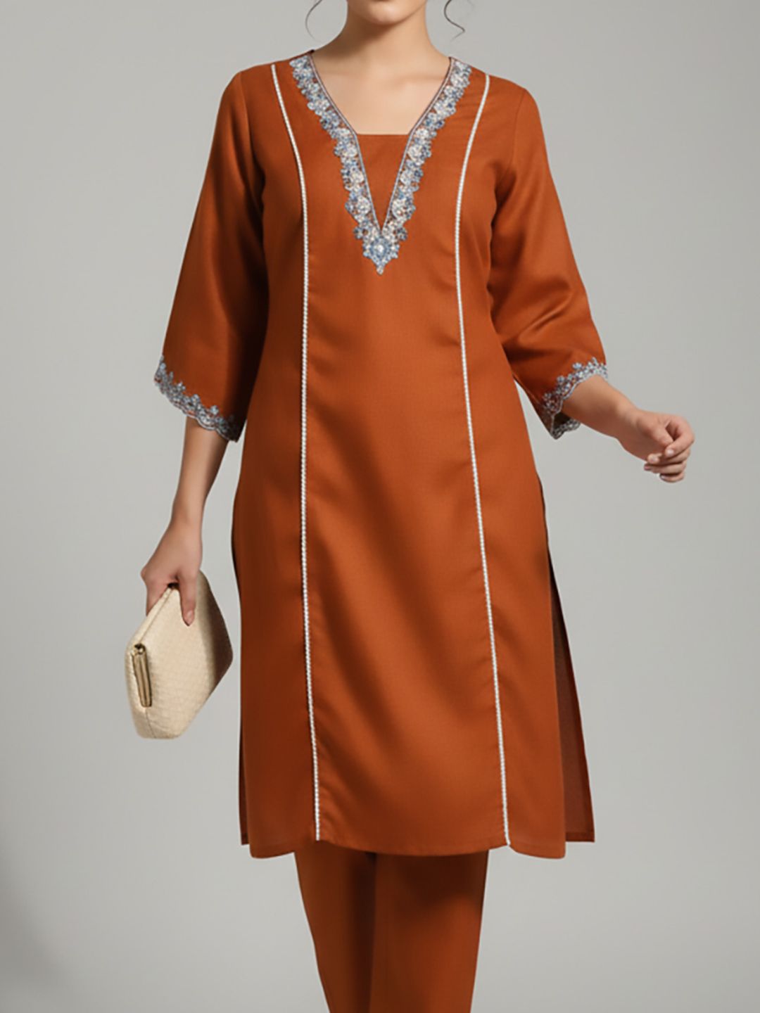 Rust Embroidered Tunic & Trousers Co-Ords Set