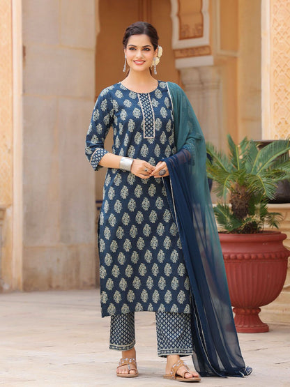 Dhiyona RR Women's Ethnic Motifs Printed Regular Pure Cotton Kurta with Trousers & With Dupatta