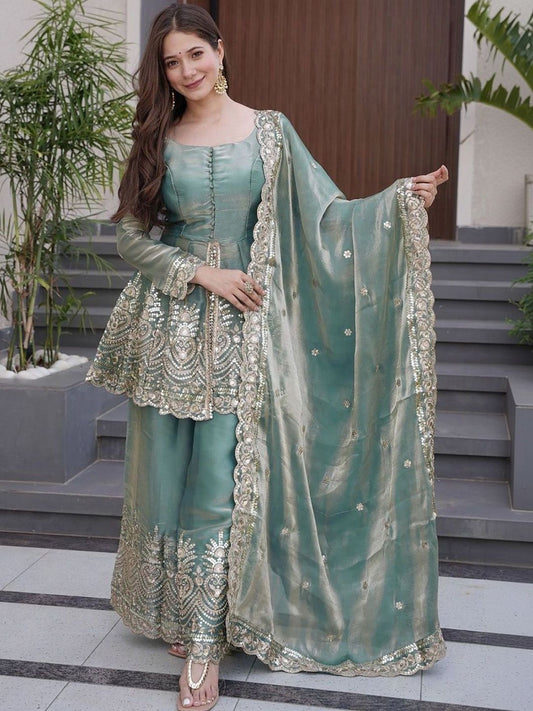 Dhiyona KL Women Ethnic Motifs Embroidered Empire Sequinned Kurta with Palazzos & With Dupatta