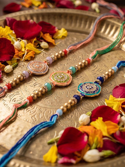 Dhiyona Set Of 3 Floral Design Multicolor Artificial Beads Thread Rakhi With Roli Chawal