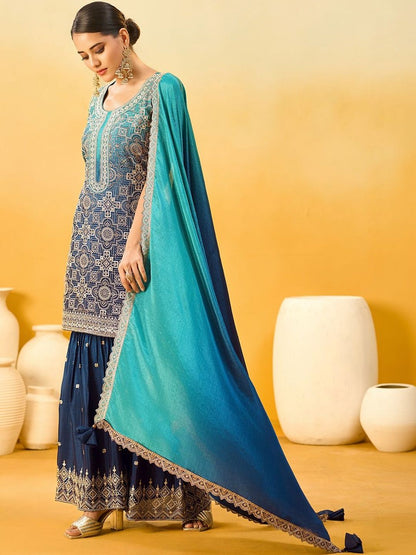 Dhiyona KL Women Ethnic Motifs Regular Thread Work Kurta with Sharara & With Dupatta