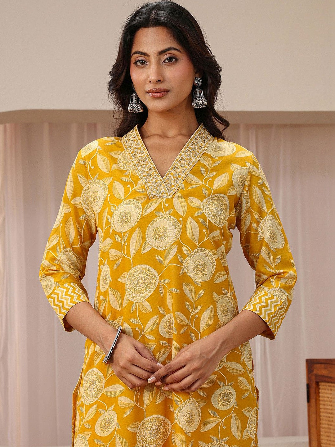 Libas Mustard Floral Printed Straight Suit Set