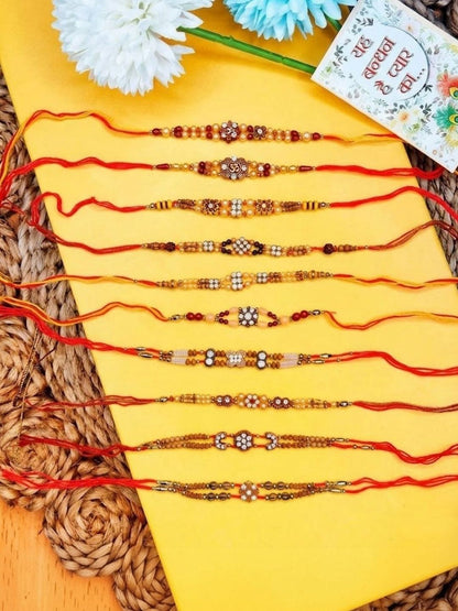 Dhiyona Set Of 10 Artificial Stones & Beads Thread Rakhi With Roli Chawal Chandan Mishri